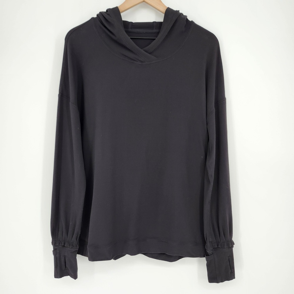 Lululemon Women Hooded Ruffle Cuff Pullover Size L Black Yoga Lounge Streetwear